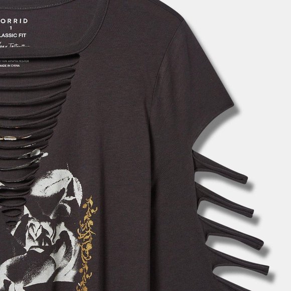 Torrid Shirt 1X - Black Slashed Punk Roses Classic Long Sleeve Tee Plus Top New - Picture 3 of 4